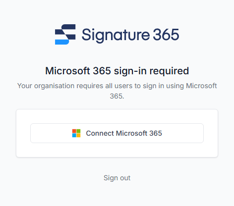 Microsoft 365 sign-in required page with a Connect Microsoft 365 button and a Sign out link.