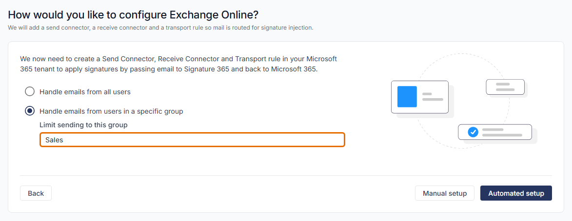 Exchange Online setup step with Handle emails from users in a specific group selected and Sales in the Limit sending to this group box.