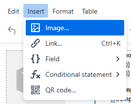 Signature 365 template editor Insert menu showing Image, Link, Field, Conditional statement and QR code options.