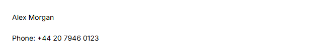 Signature preview showing a blank line between the name and phone number when the mobile field is empty.